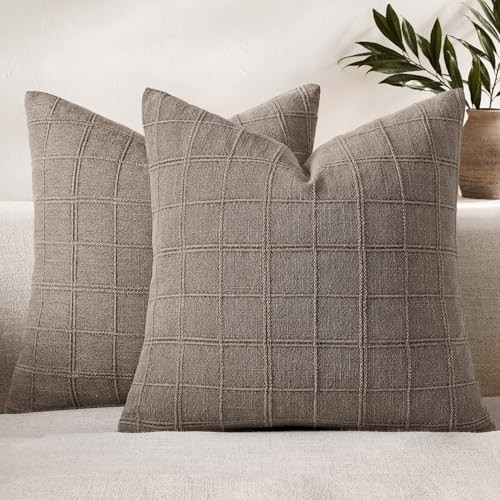  Linen Check Throw Pillow Covers Gray Farmhouse 18" x 18" (Pack of 2) Taupe