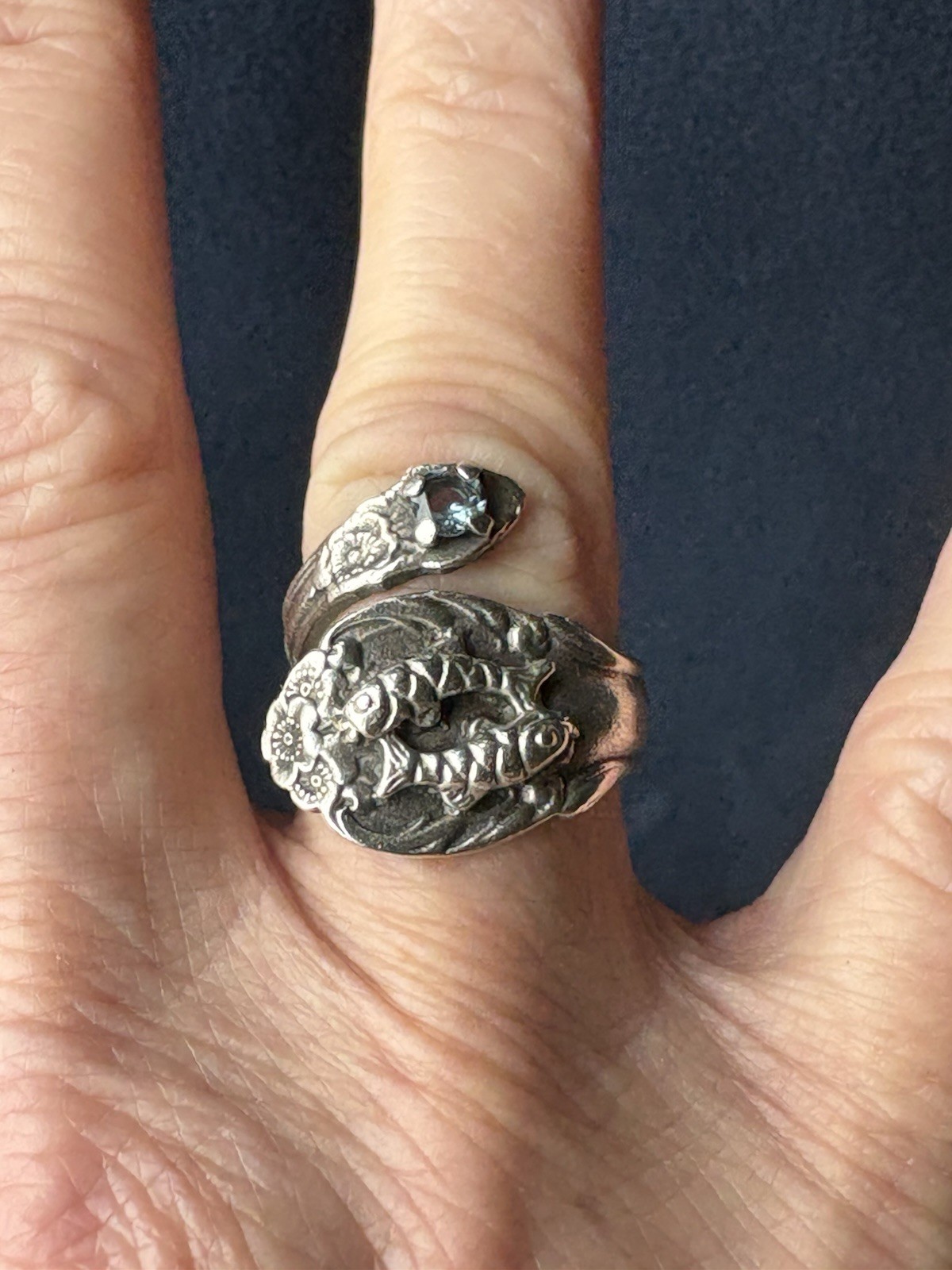 Vintage Sterling Silver Adjustable Wrap Ring Aquamarine March Birthstone Pisces 