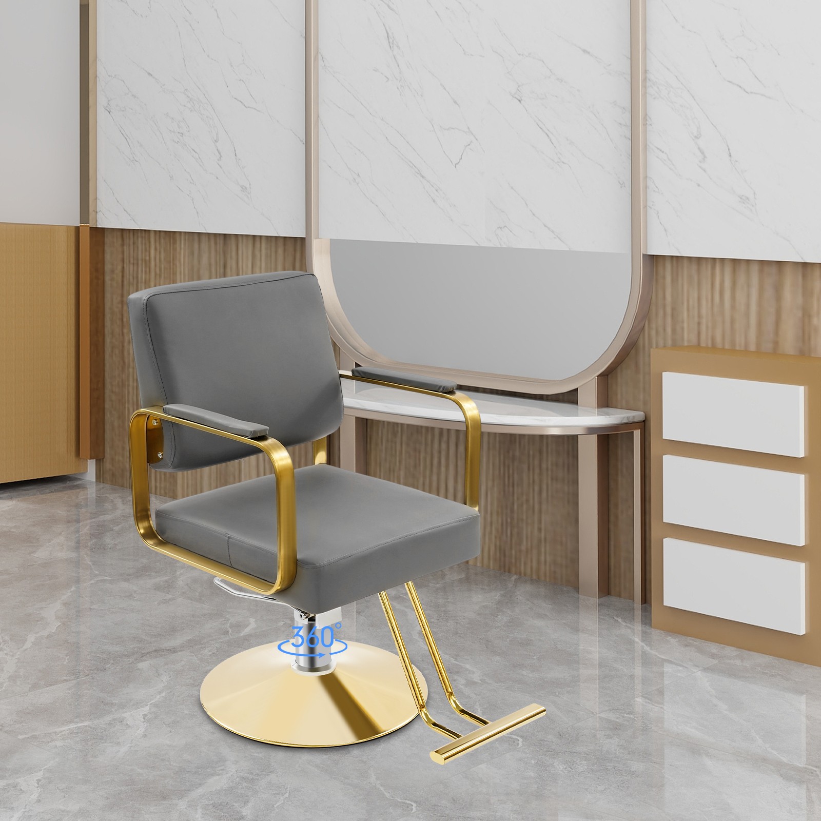 Hydraulic Barber Chair 360 Swivel Salon Styling Chair 440lbs Capacity Grey Gold