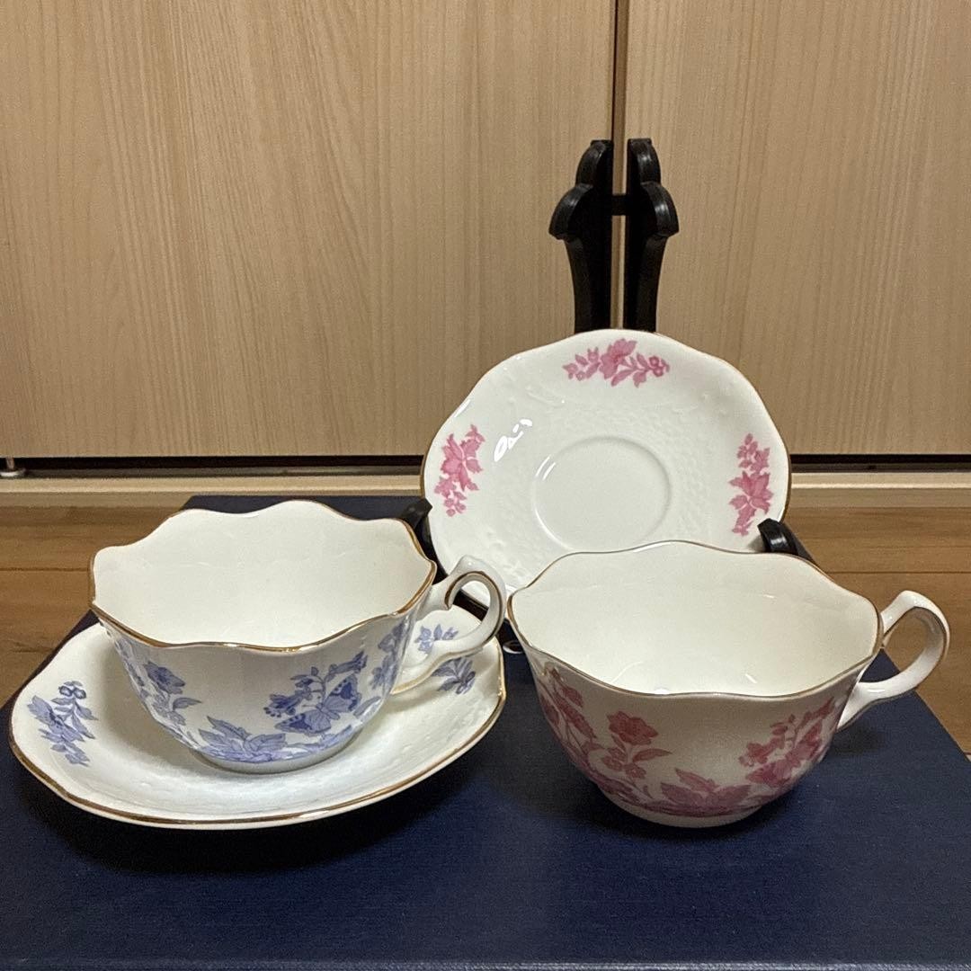 Aynsley Cottage Pink Blue Cup Saucer Pair Set