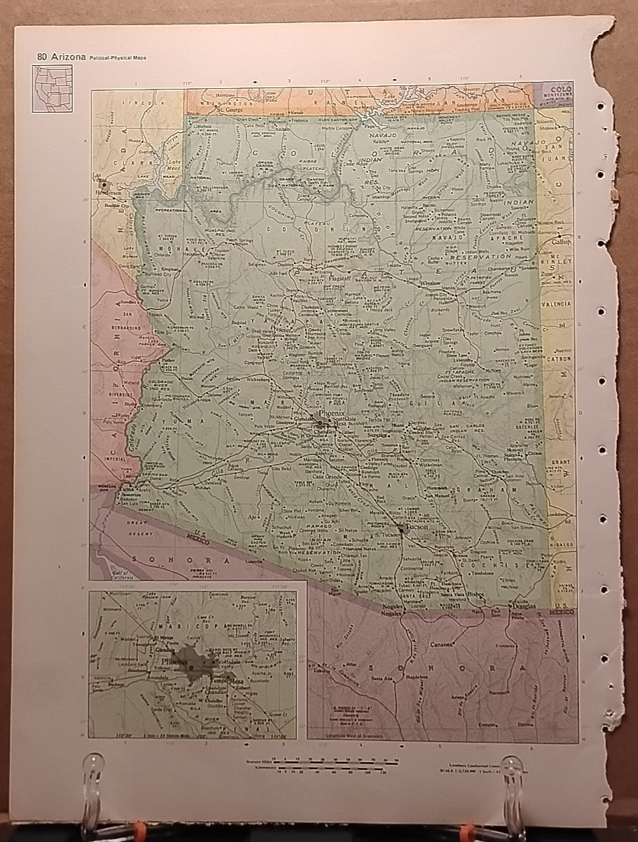 1966 Vintage ARIZONA Map from MCM Full Color Encyclopedia Britannica World Atlas