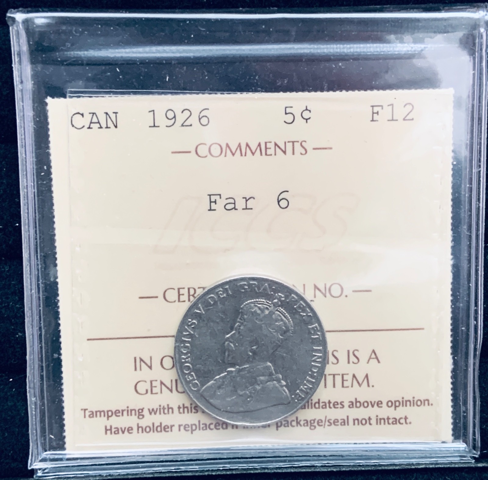 1926 Canada 5 Cent Silver Coin Far 6 ICCS F12