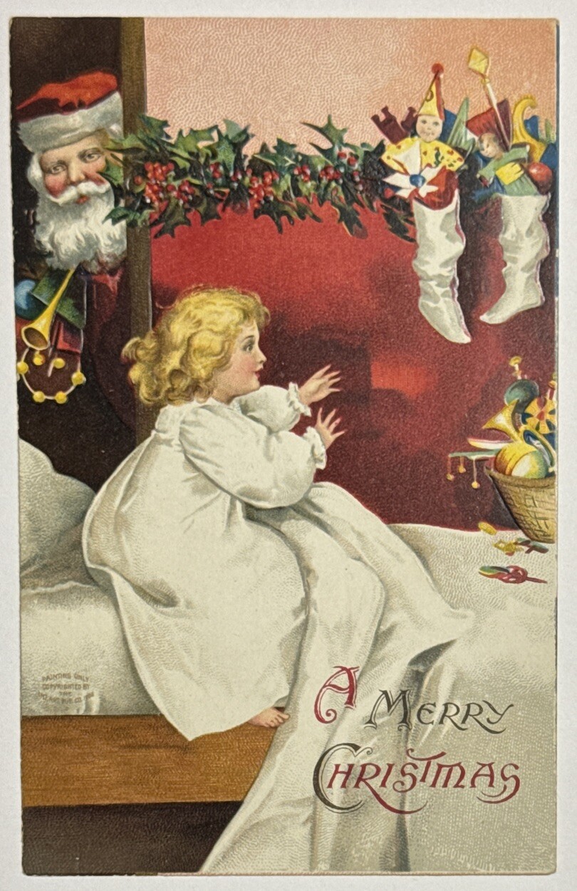 Merry Christmas Santa Child Little Girl Stockings Toys Antique Postcard
