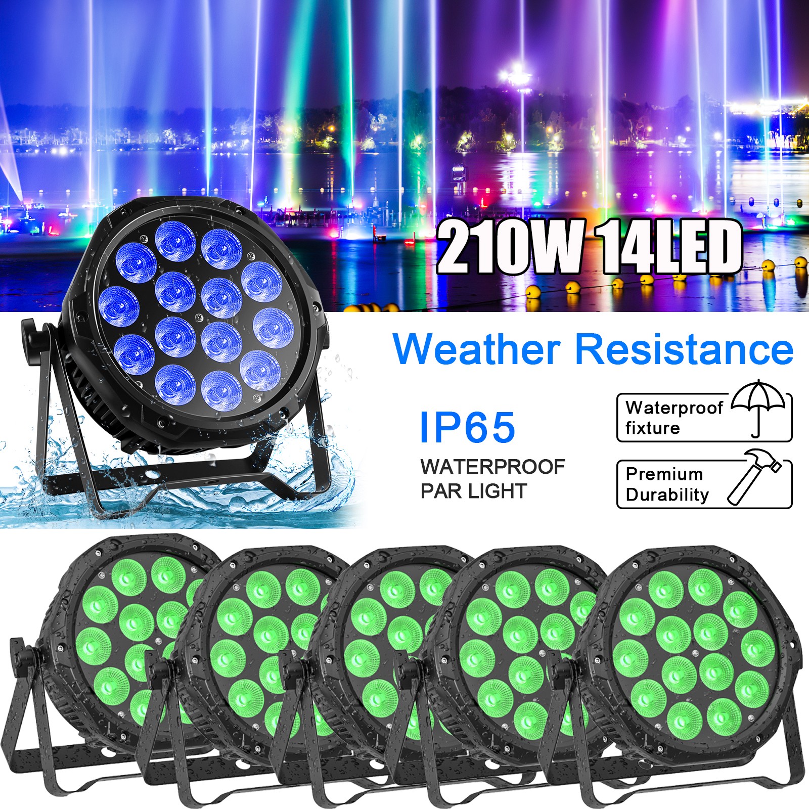 UKING 210W 14 LED IP65 Waterproof Par Light RGBW DMX Stage DJ Outdoor Lighting
