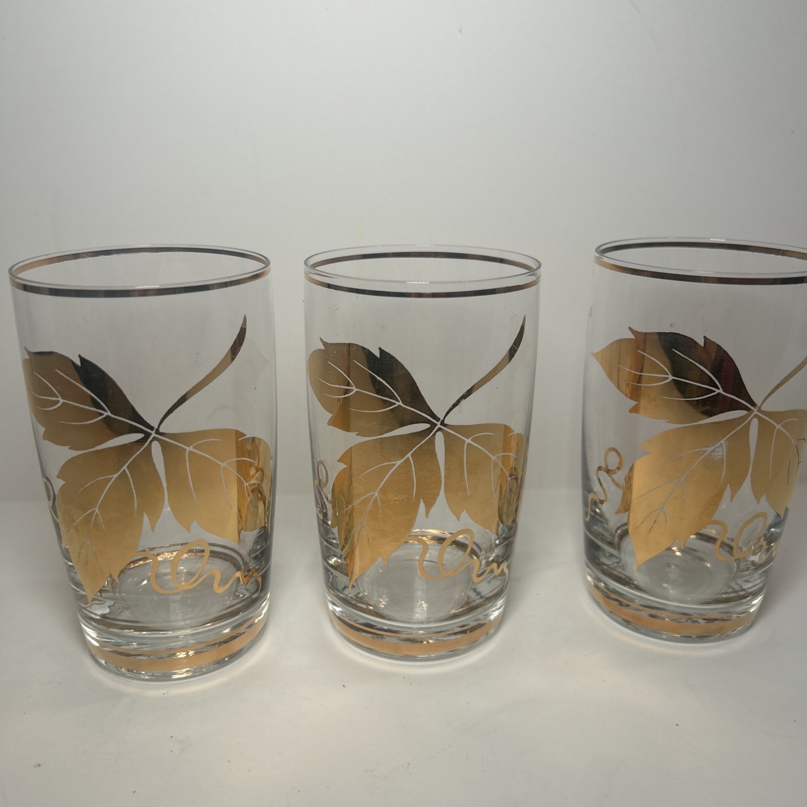 Vintage Gold Grape Leaf Set of 3 Drinking Juice Glasses