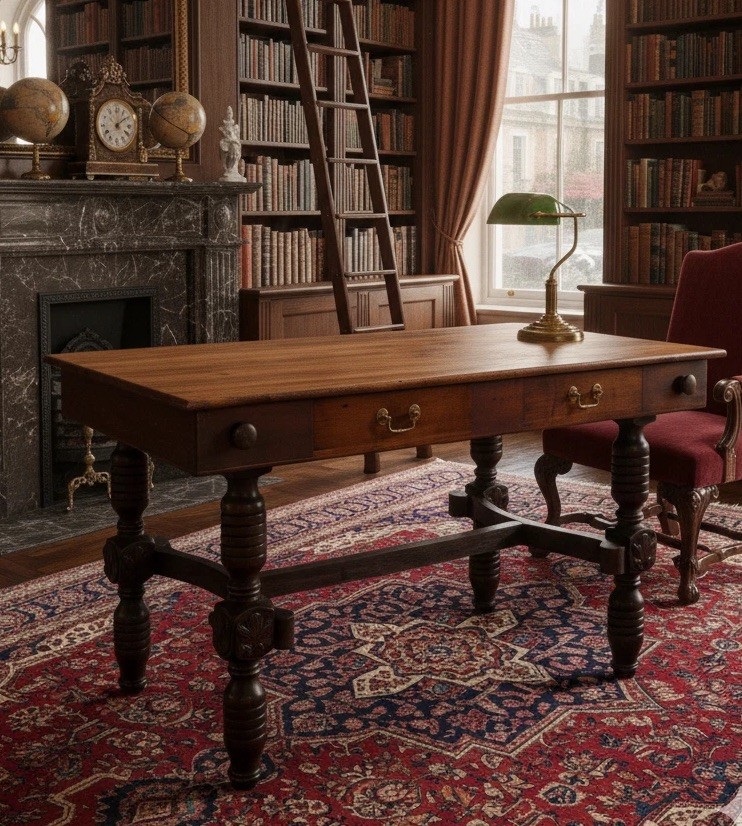 Antique 19th C English George II Oak 2 Drawer Library Writing Desk Carved Table