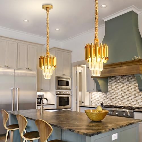Modern Gold Crystal Chandelier 2-Tier Round Pendant Lighting D7.4"XH10.2" Gold