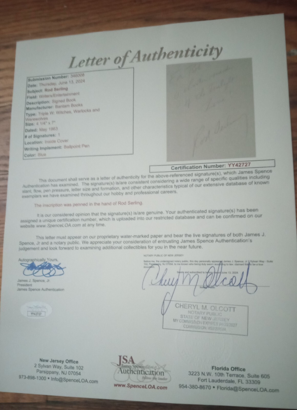 ROD SERLING Signed  1ST EDITION TRIPLE W  (1963) AWESOME INSCRIPTION JSA COA