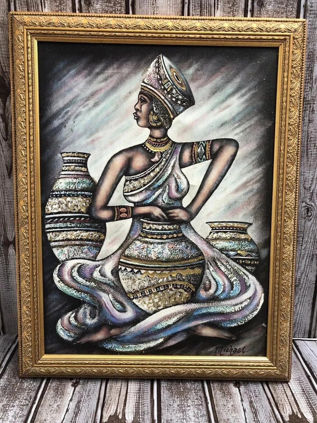 ARTIST ENHANCED LITHOGRAPH ON CANVAS "BASKET WEAVER" SIGNED MICHAEL 18" X 14"