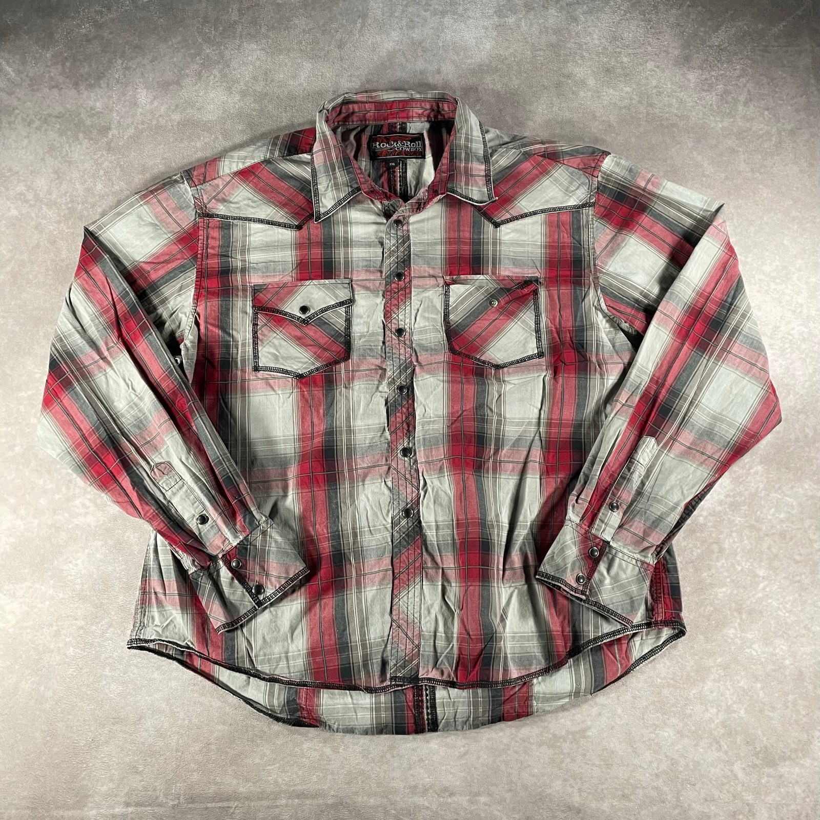 Rock & Roll Cowboy Western Red Grey Plaid Button Up 2XL