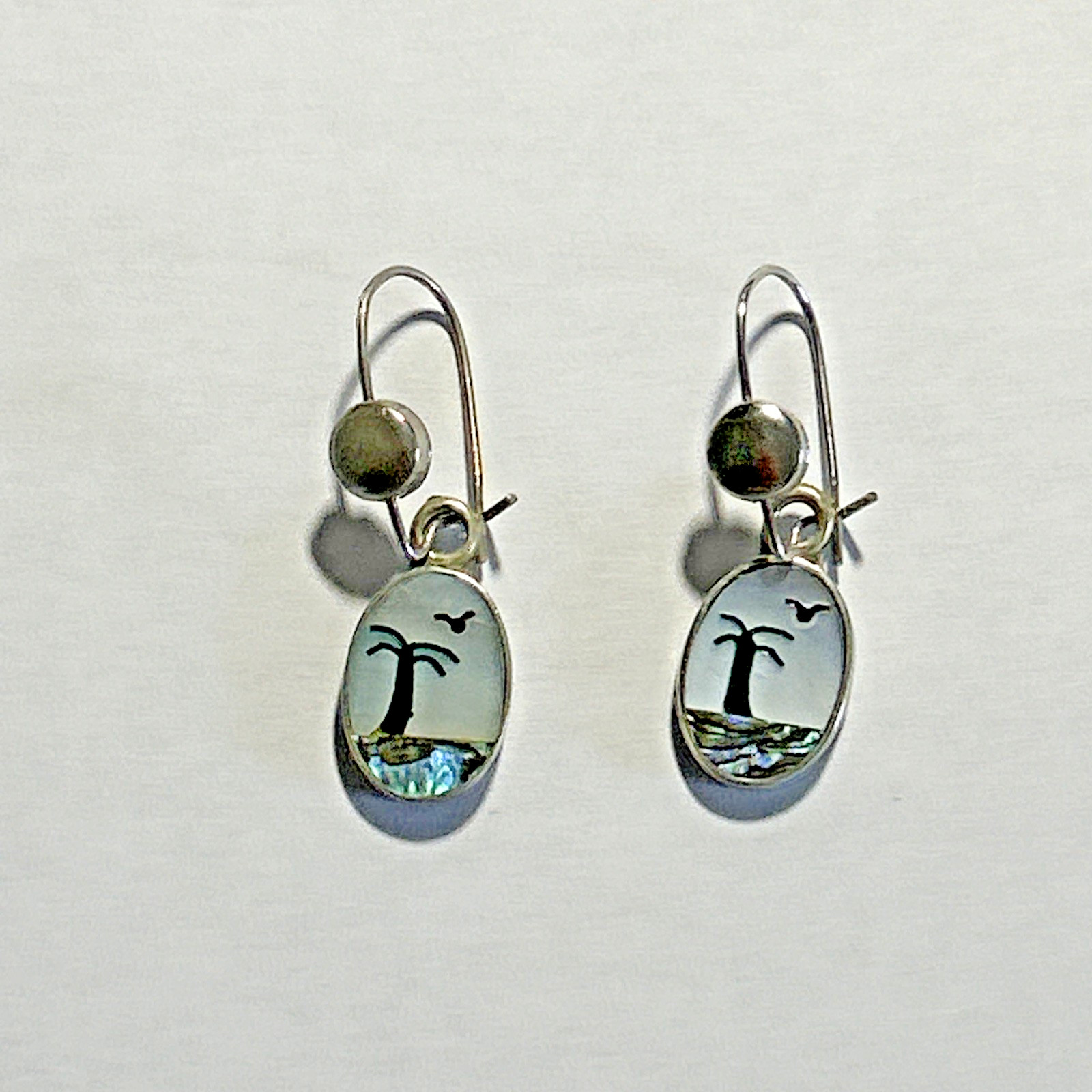 Vintage Abalone Enamel Palm Tree Silver Earrings Alpaca Mexico