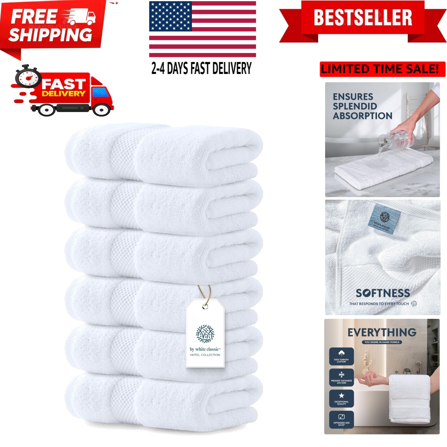 Luxury White Hand Towels - Soft 100% Turkish Cotton | Highly Absorbent Hotel ...
