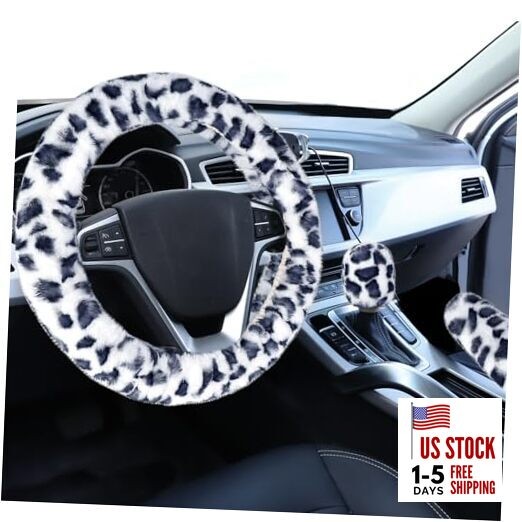  Fuzzy Car Steering Wheel Cover, Universal short hair White/Dark Gray Leopard