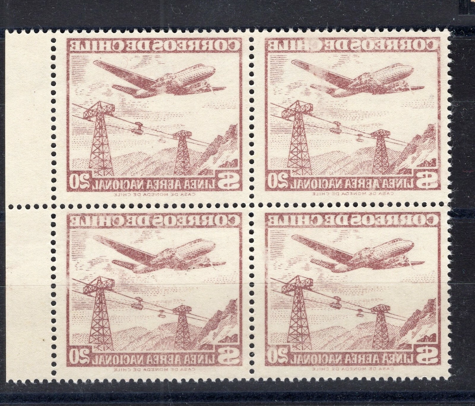 CHILE 1959 Sc.C209 Airplane Plane MNH block of 4 var. NEGATIVE printing on back