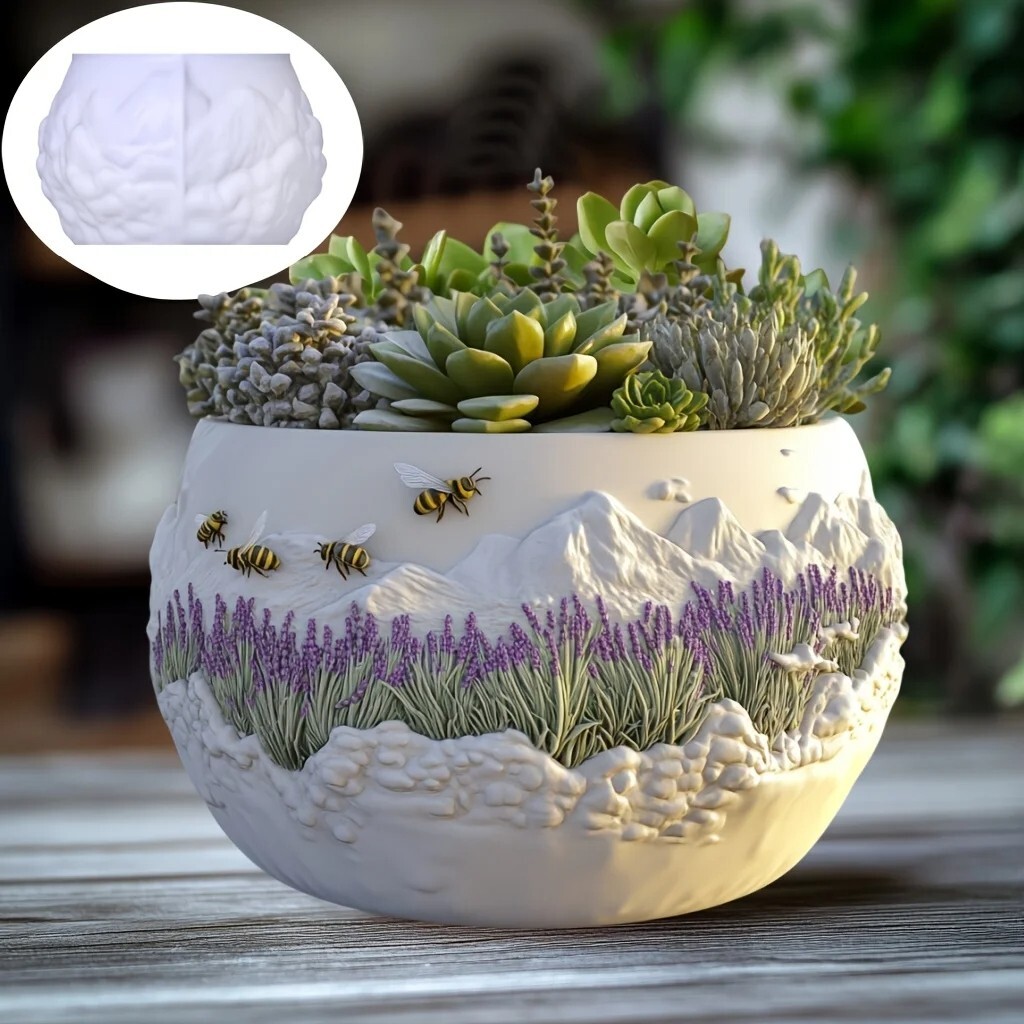Scenic Lavender Mountains Relief Planter Silicone Mold Round Pot Flowerpot Mould