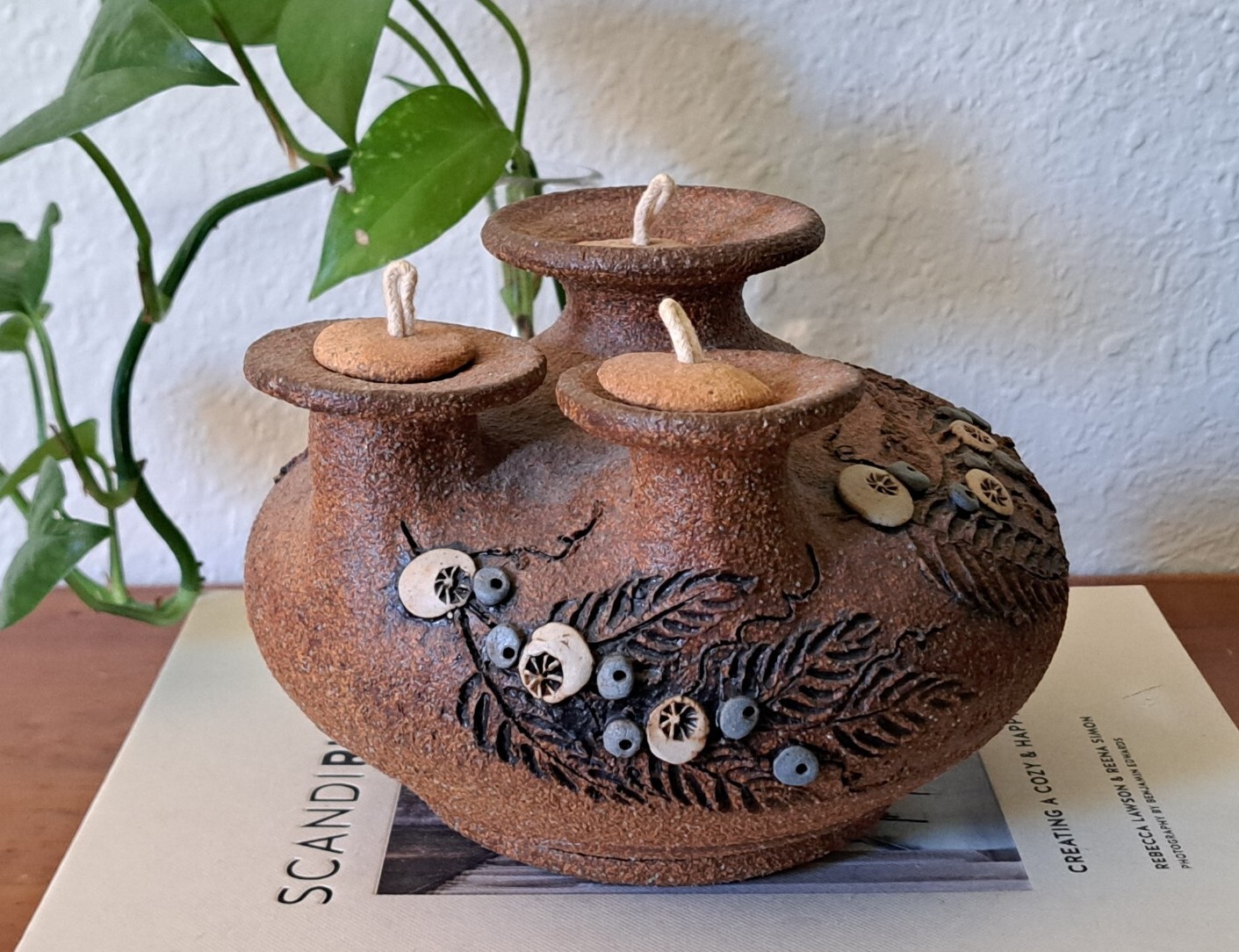 Vintage Carma Sand Art Pottery Oil Lamp Vase Triple Wick Handmade Unique 