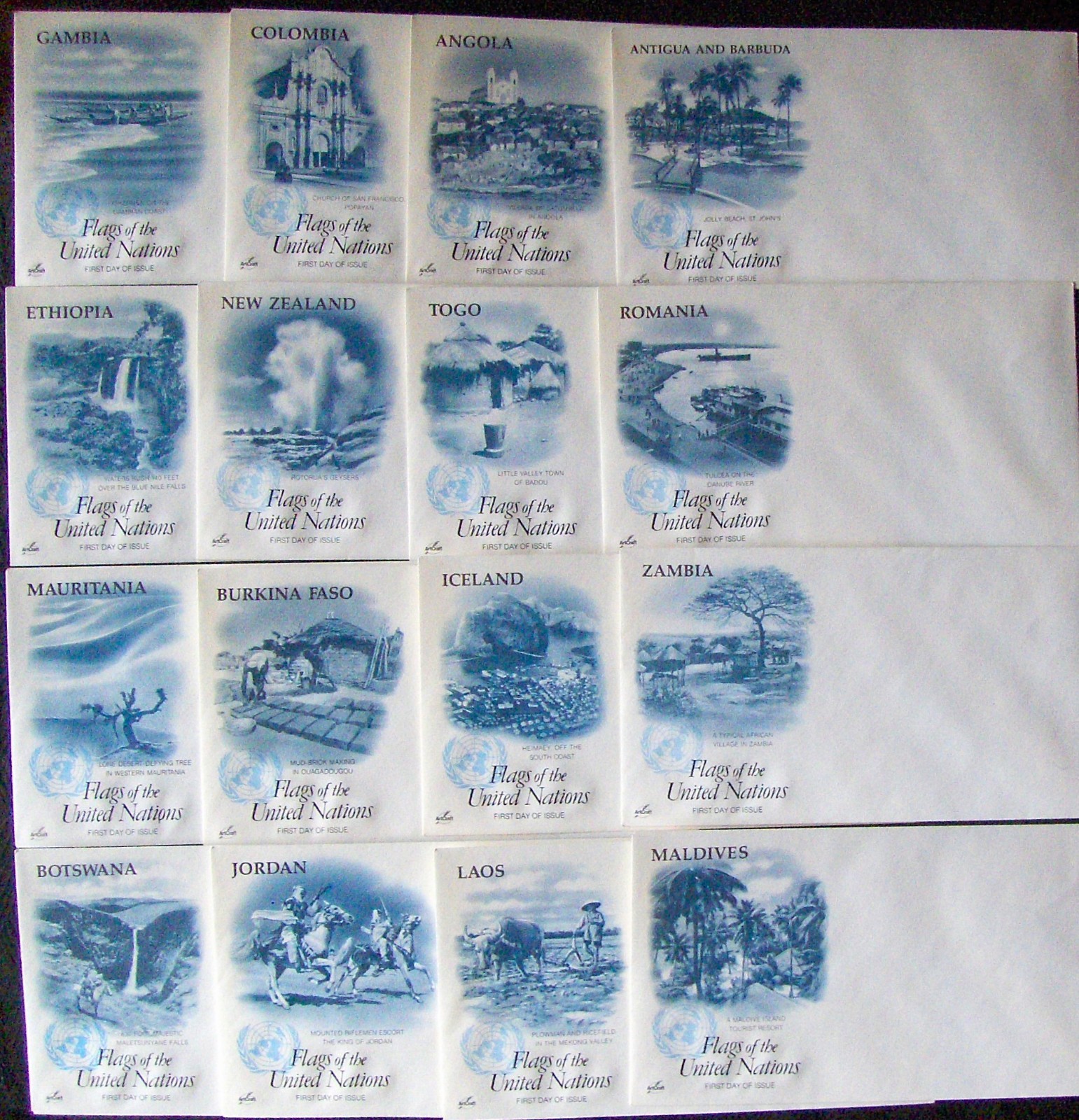 12 different UN envelopes FLAGS OF THE UNITED NATIONS, 1986 unposted ArtCraft.