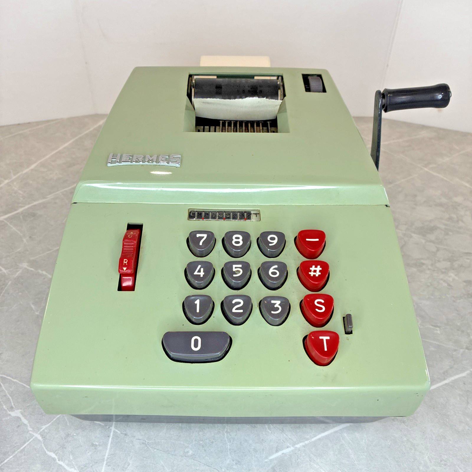 Hermes Precisa Model 109-7 Vintage Manual Adding Machine w/ Cover  (2 parts MIA)