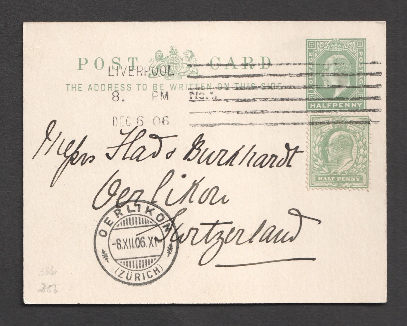 KEVII 1/2d Postal Stationery Postcard Liverpool To Switzerland Oberlikon Zurich