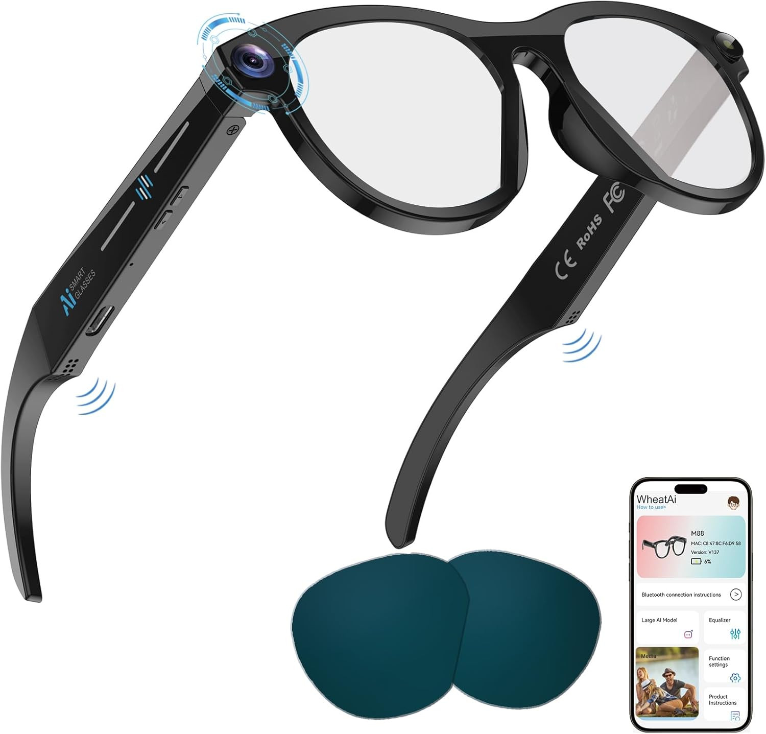Smart Glasses with Camera AI Glasses Bluetooth Glasses Replaceable Lenses，48H Ba