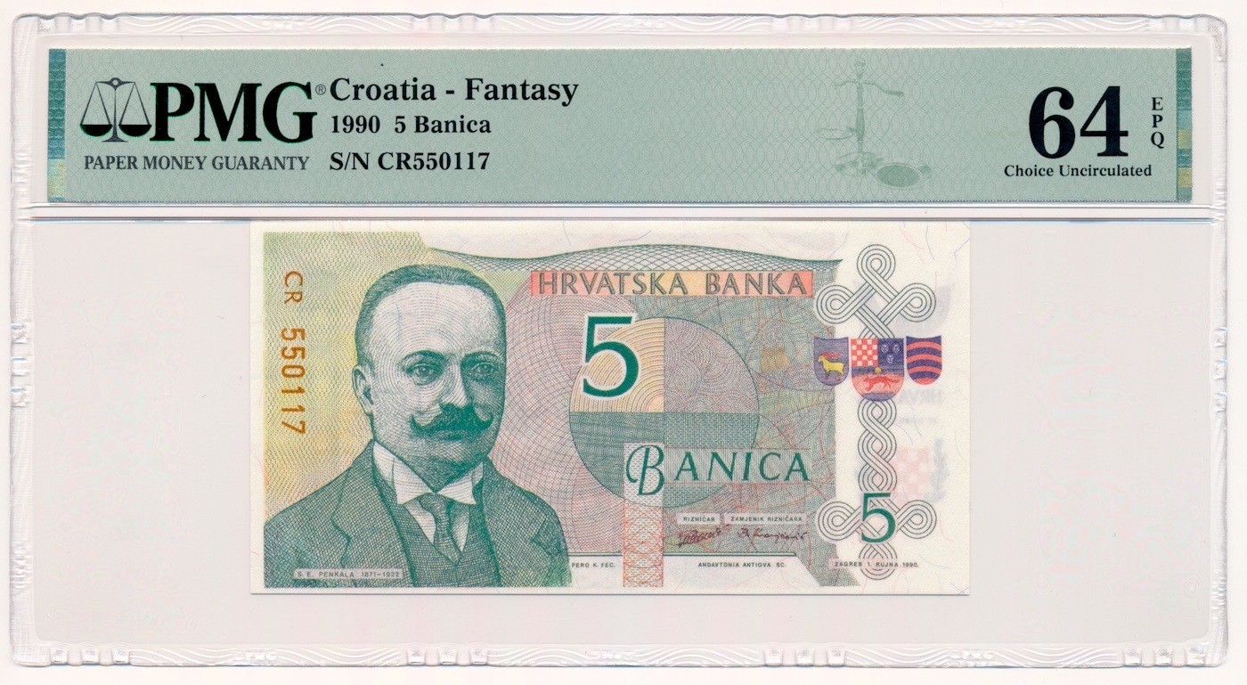 CROATIA banknote 5 Banica 1990 red CR serial PMG grade MS 64 EPQ Choice Unc