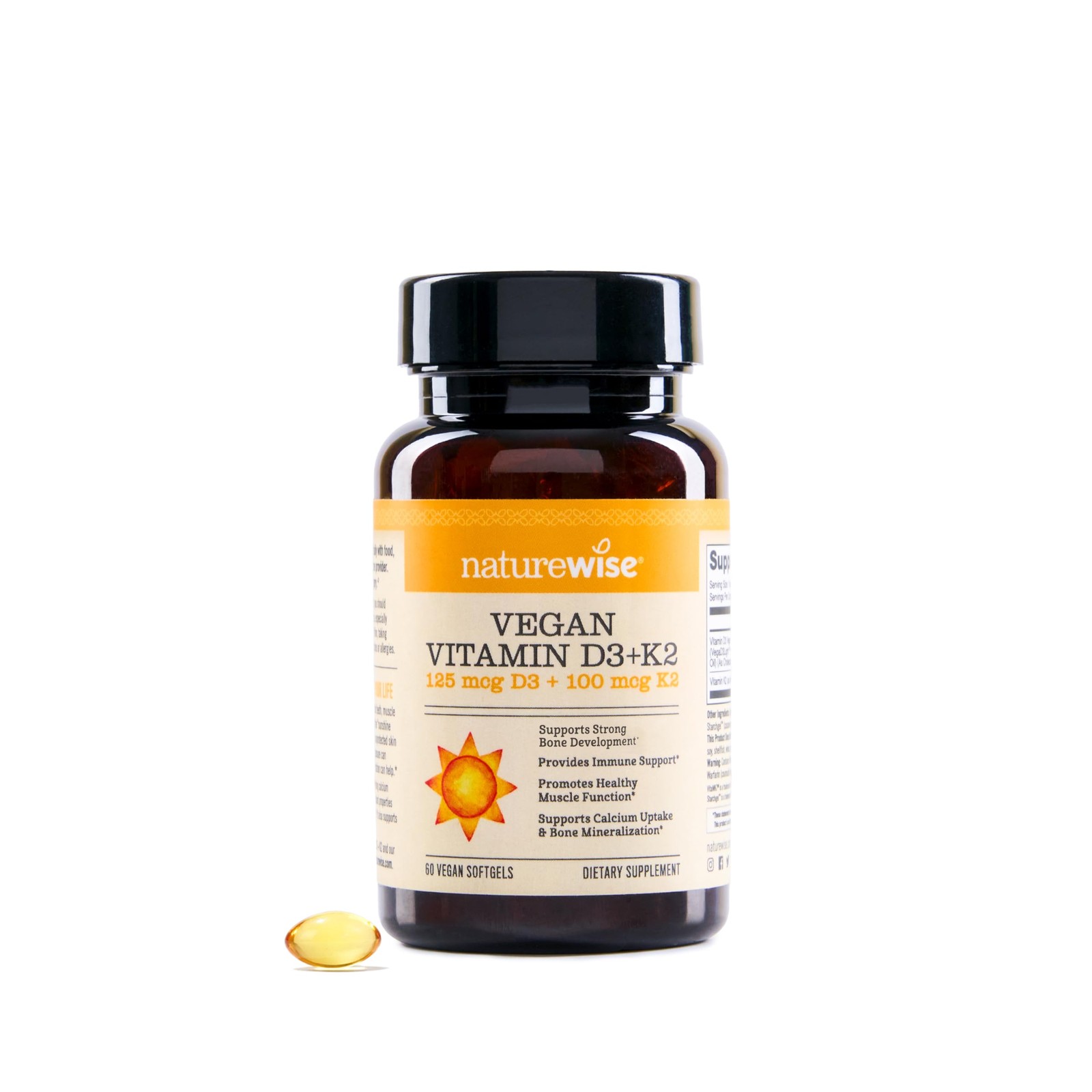 NatureWise Vegan Vitamin D3 + K2 - Natural 60 Count (Pack of 1), Yellow 