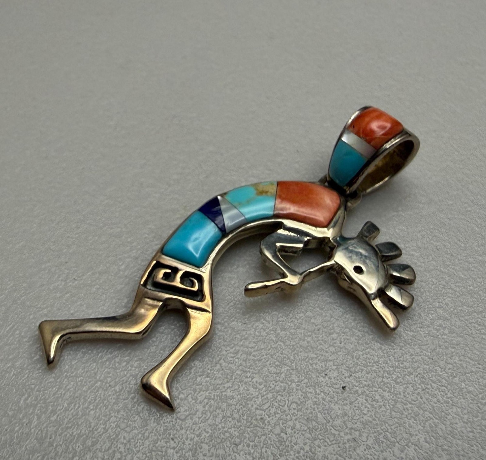 Sterling Silver Turquoise & Spiny Oyster Inlay Kokopelli Southwest Pendant