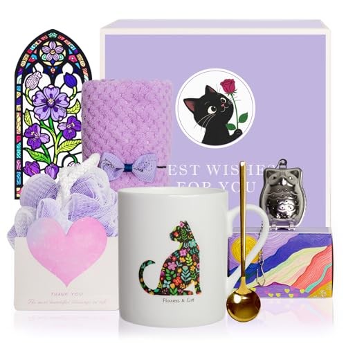 Cat Heat Color Changing Coffee Mug Gift Set for Women, 12oz Flowers & Cat-Gift