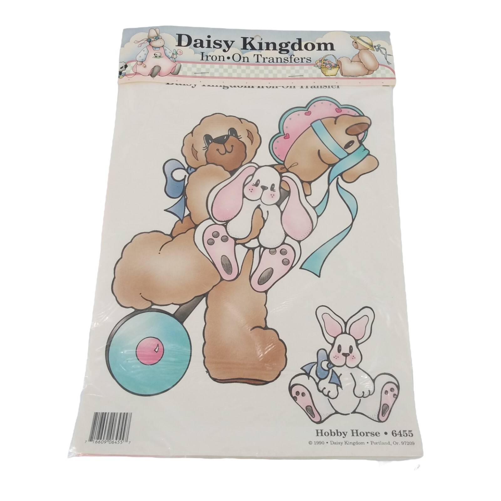 1990 Daisy Kingdom Iron On Transfer Teddy Bear & Bunny Riding Hobby Horse #6455