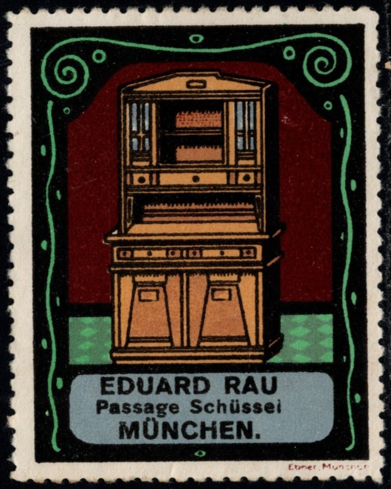 Vintage Circa 1910–1915 Germany Poster Stamp Eduard Rau Schüssel Passage Munich