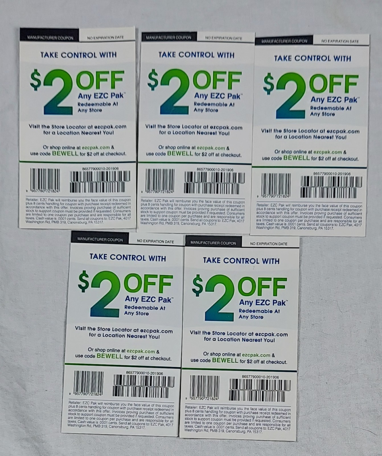 Five $2.00 Off Coupons For Any EZC Pak NO EXPIRATION DATE! ECZ Pak+D