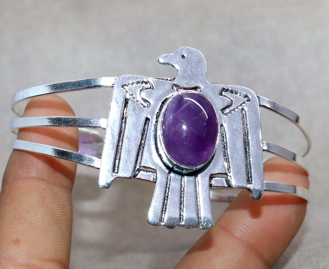 Gothic Thunderbird Natural Amethyst 925 Silver Plated Bangle FreeSize Trendy JW