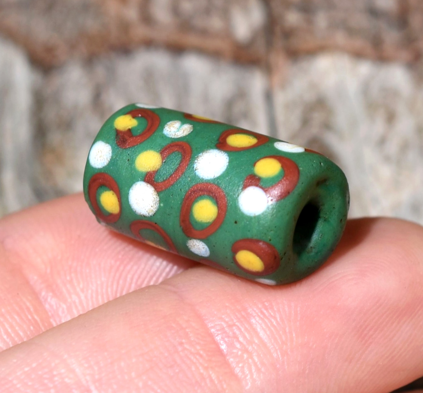 Antique Venetian Green Lampwork Italian Glass Eye Decorated Bead, African Trade