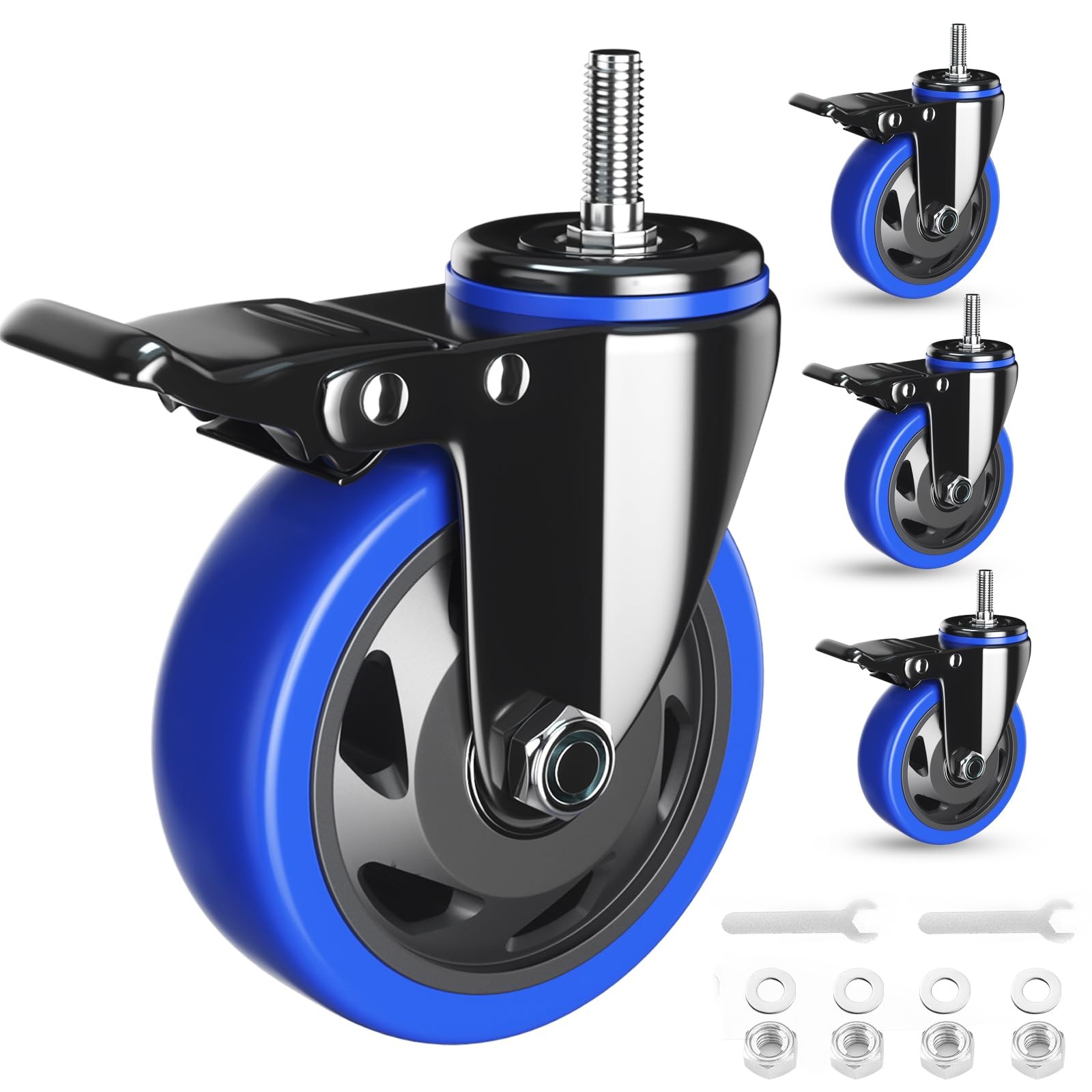 3 Inch Swivel Stem Caster Wheels Heavy Duty Threaded Mount Casters Blue 