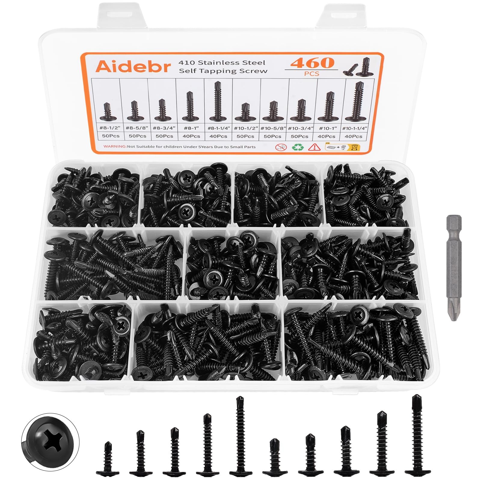 460 PCS Black #8 #10 Self Tapping Screws 410 Stainless Steel Metal Kit
