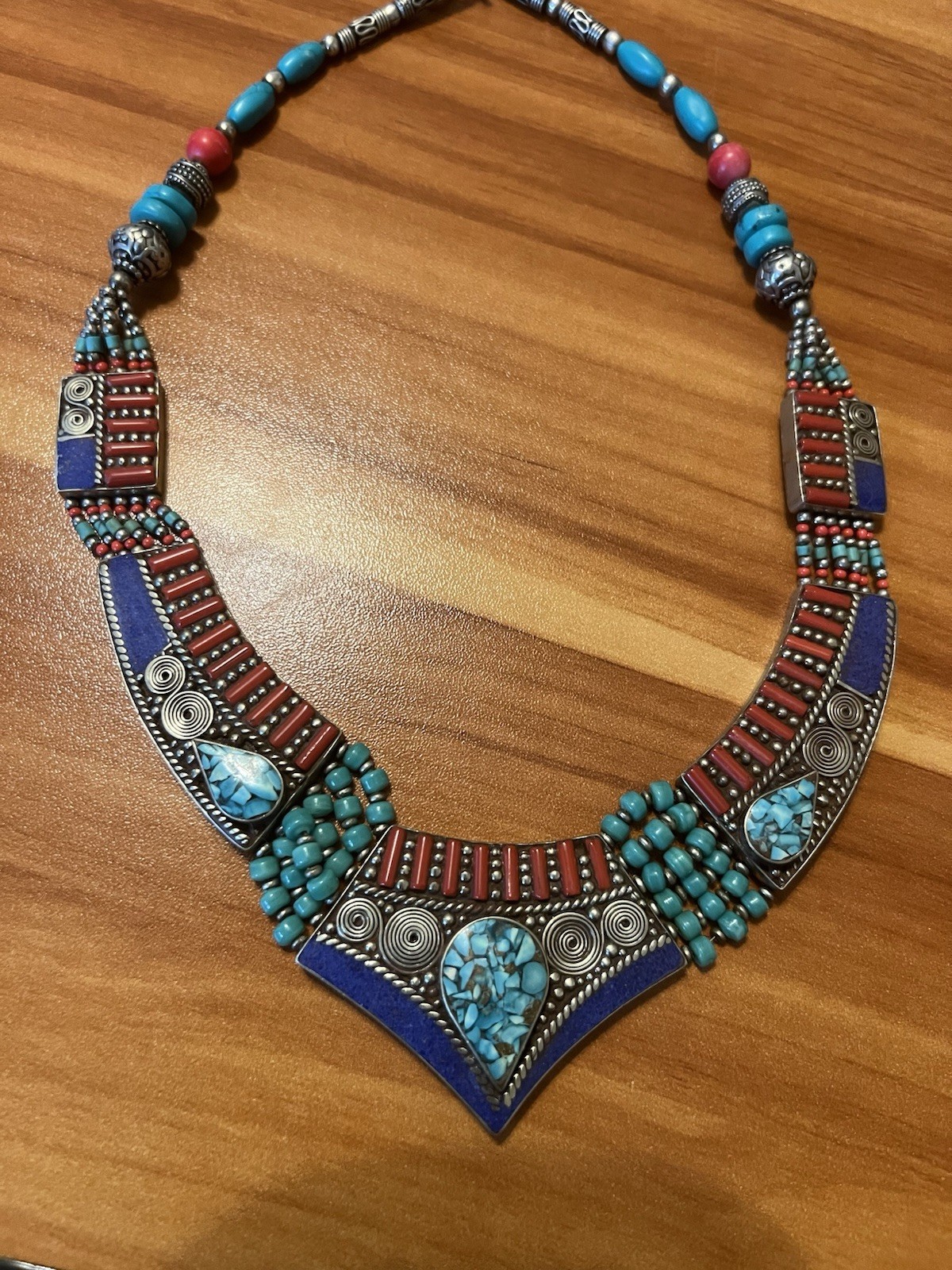 Turquoise Coral Bib Statement Necklace Silver Beaded Ethnic Asian Handmade Nepal