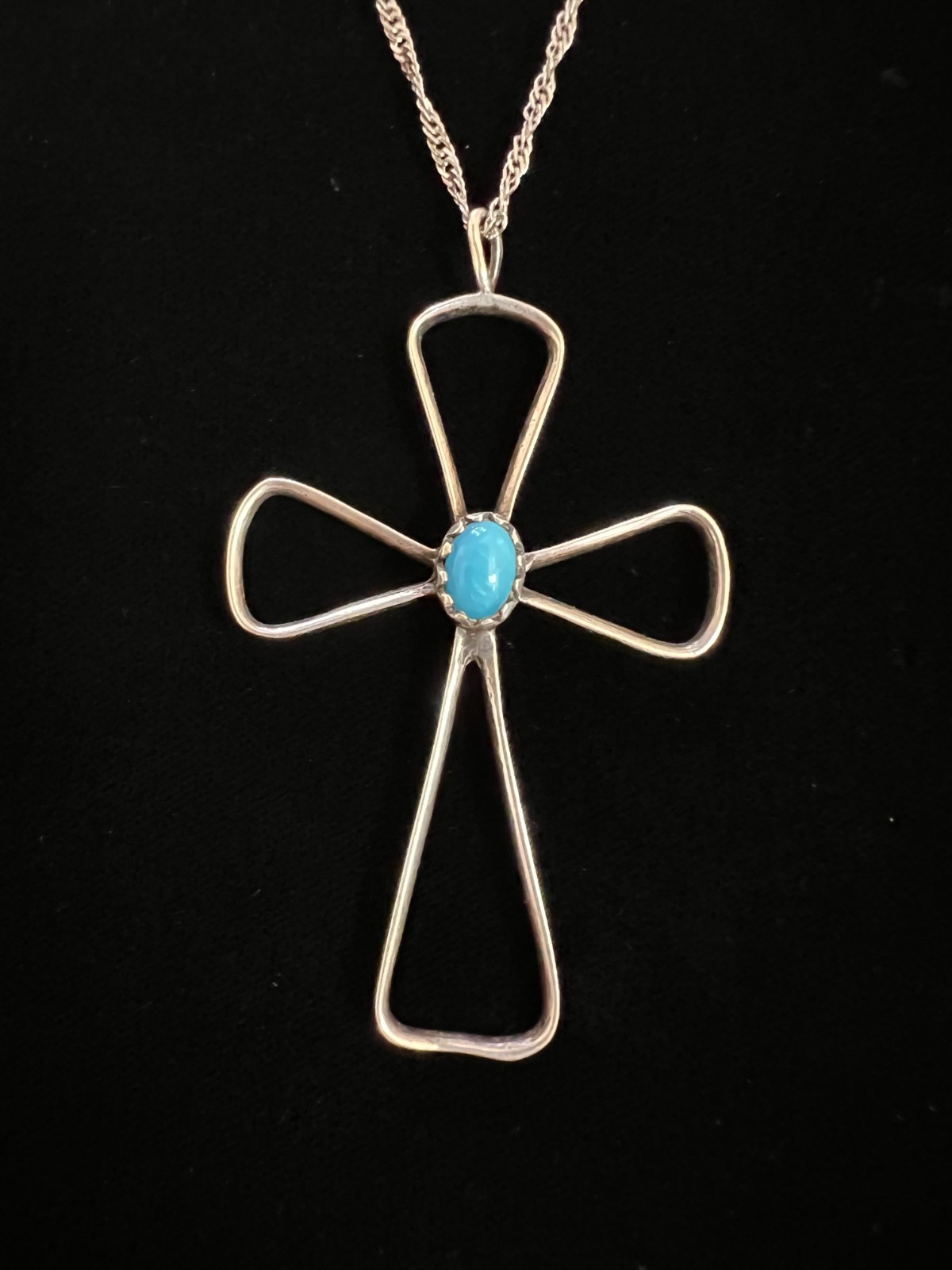 VTG Native American Sterling Cross w/Turquoise Cabochon pendant 18" Silver chain
