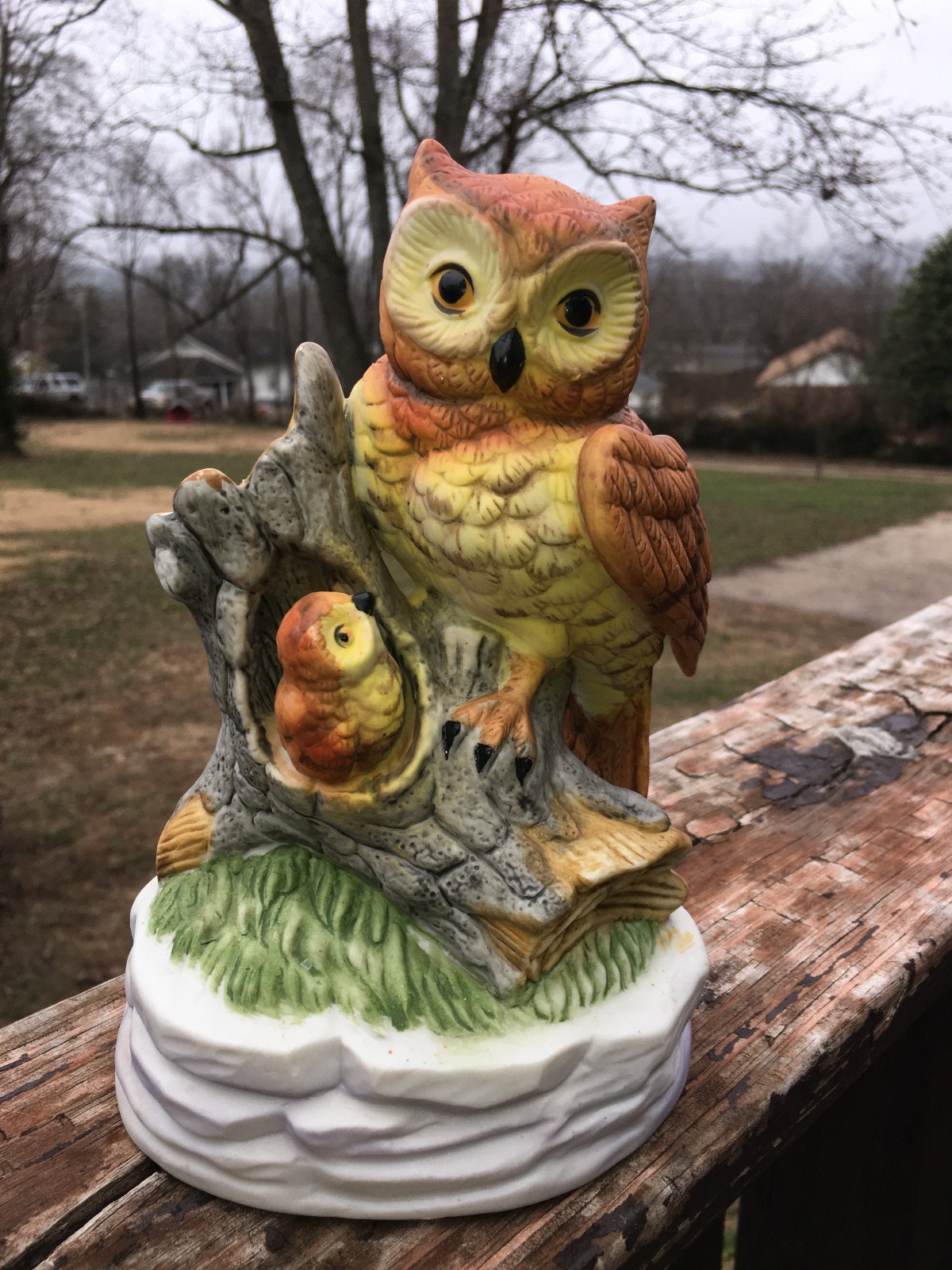 Vintage Owl Figurine Statue Bisque Ceramic Farmhouse Woodland Hoot Owl & Baby 7"