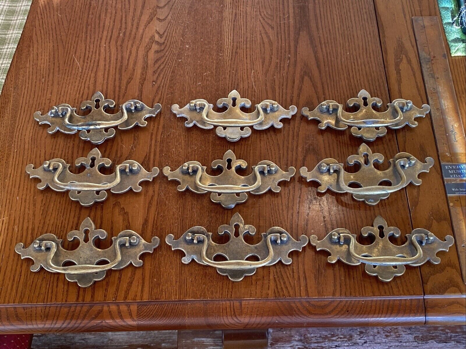 Lot 9 Vtg 1950s Vtg Brass BPC Chippendale Bat Wing Handles Drawer Pulls Keyhole