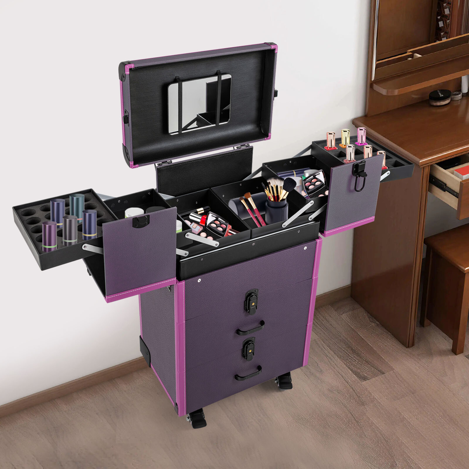 Portable Rolling Makeups Train Case Lockable Cosmetic Storage Organizer Trolley