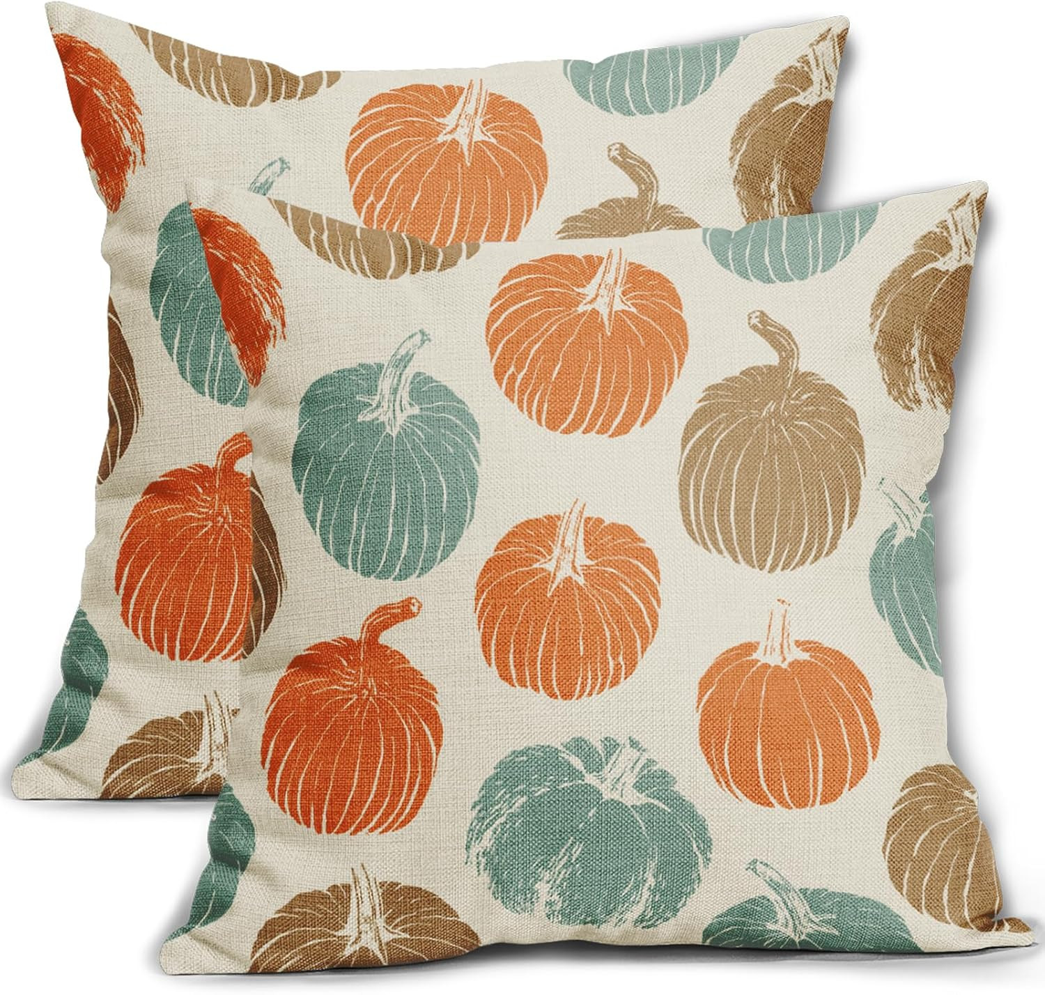 Brown Orange Light Blue Pumpkin Fall Pillow Covers 18x18 Set of 2 Autumn Harvest