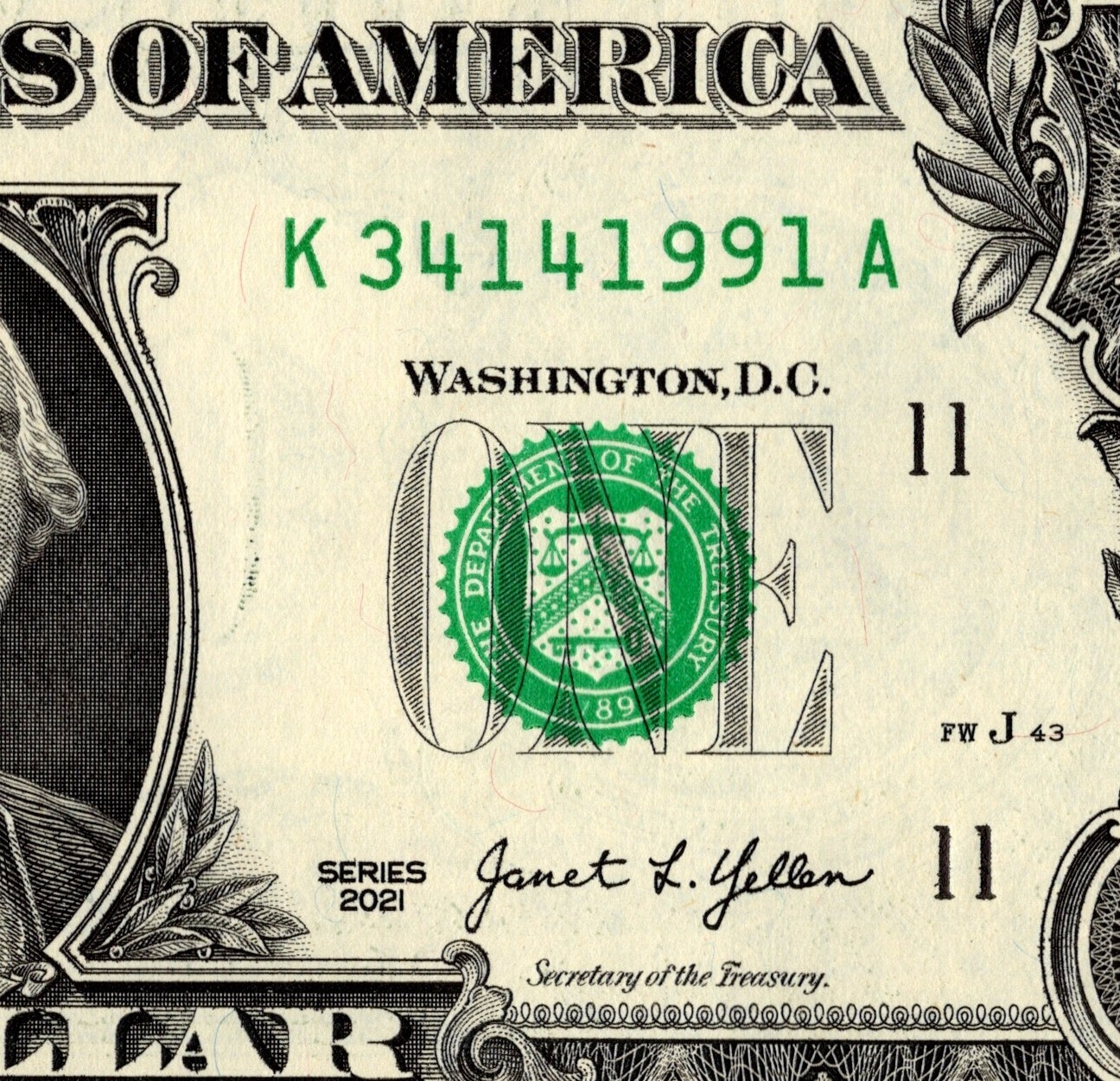 1991 Year Note Fancy Serial Number One Dollar Bill K34141991A UNC