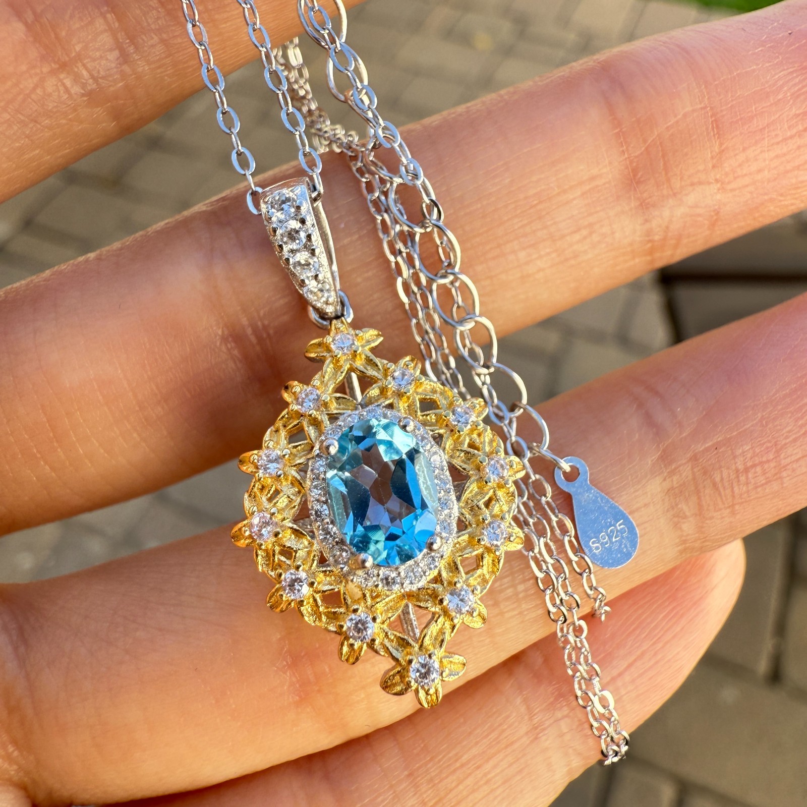 925 Sterling Silver Necklace 7x5mm Natural Blue Topaz Gemstone Zircon Flower