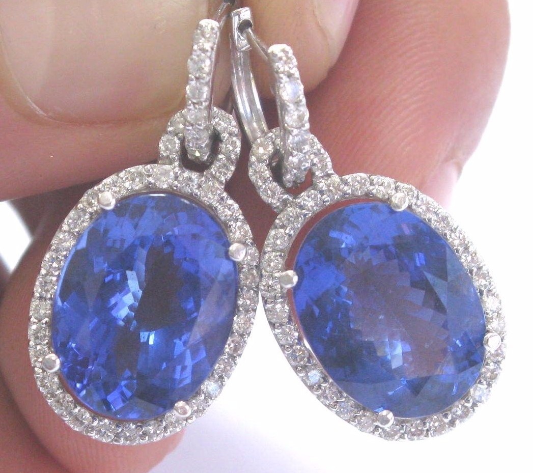 Tanzanite & Diamond Drop Earrings 18Kt Solid White Gold AAAA/VS 1.25" 14.88Ct