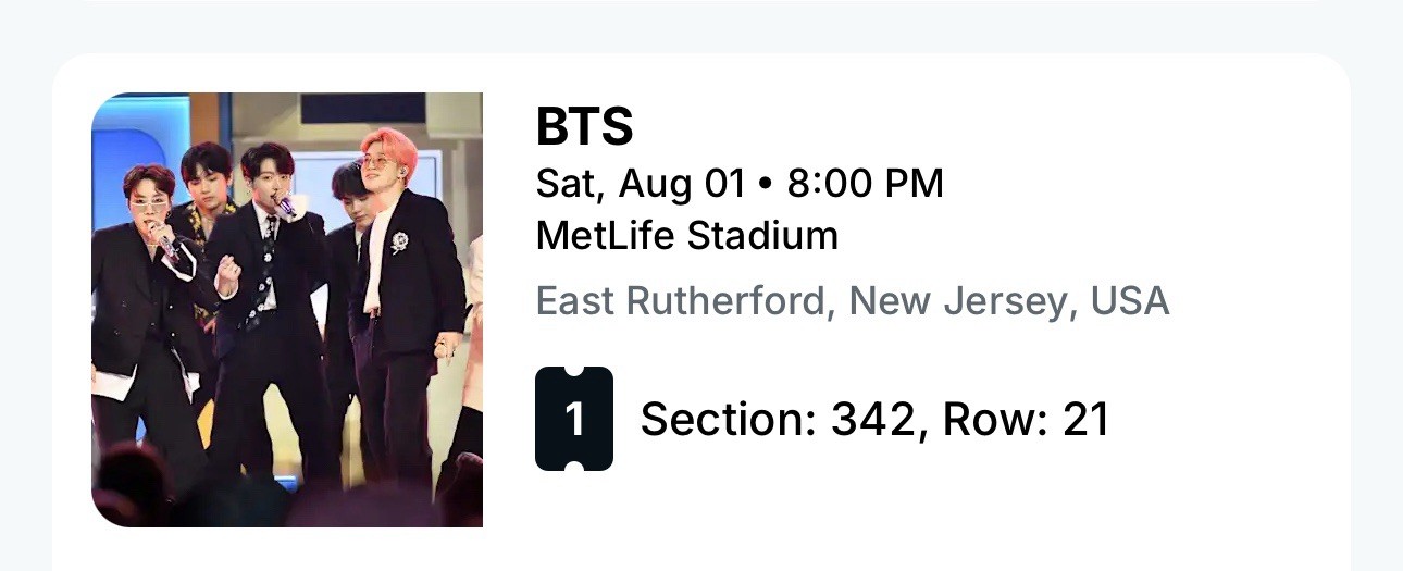BTS Concert Ticket MetLife Stadium Sec 342 Row 21 Aug 1 8PM