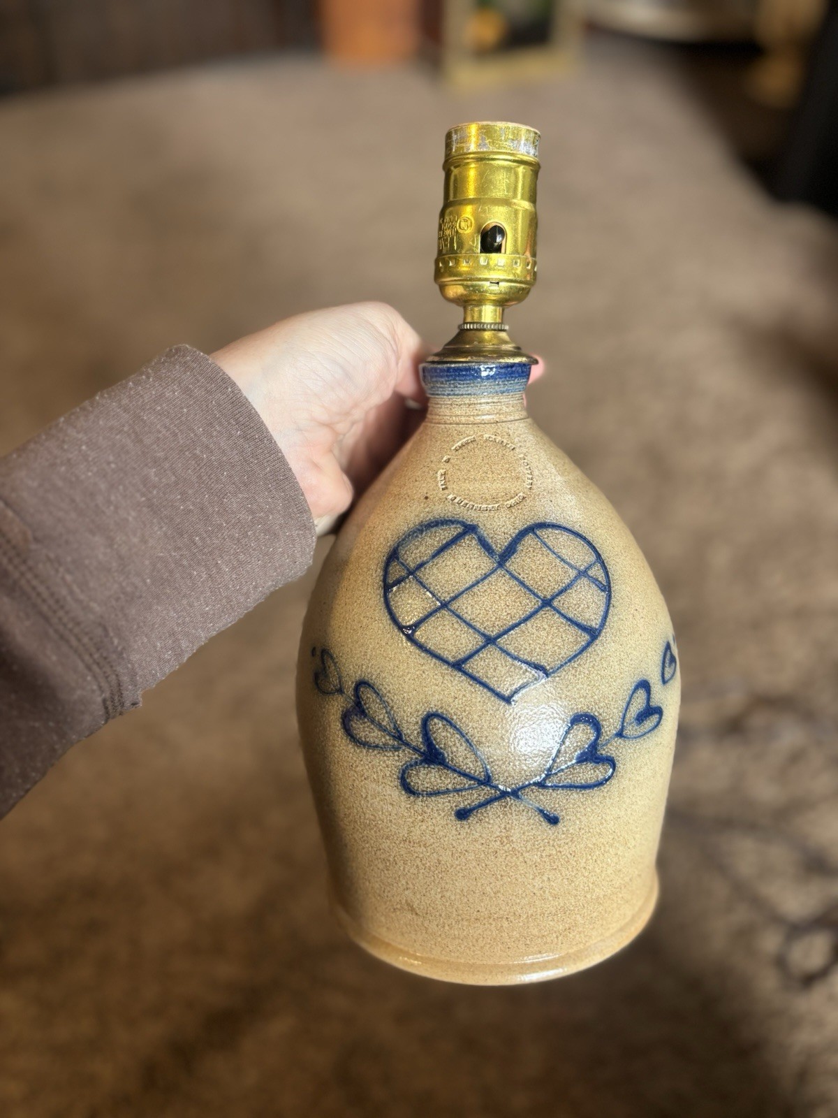 Handmade Ceramic Pottery Table Lamp Blue Heart Floral Design Glossy Art Indoor