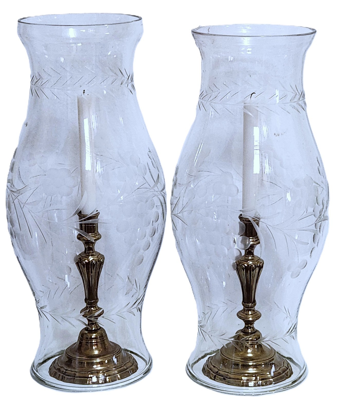 Pr Cut Glass Hurricane SHADE for Candlestick, Grape Cluster, Vine, Foliage, 20"t