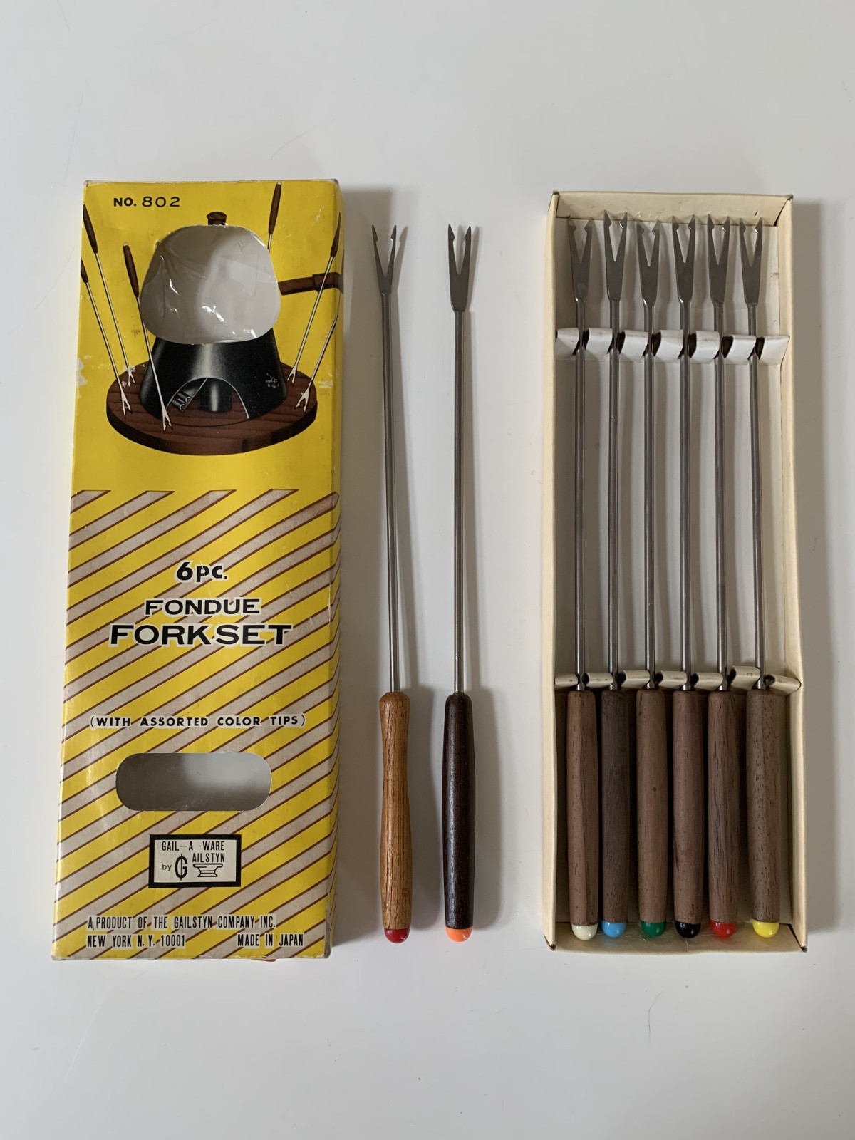 Vintage Fondue Forks Sticks Set Of 6+2  Wood Handle Steel Forks 10in Color Tips