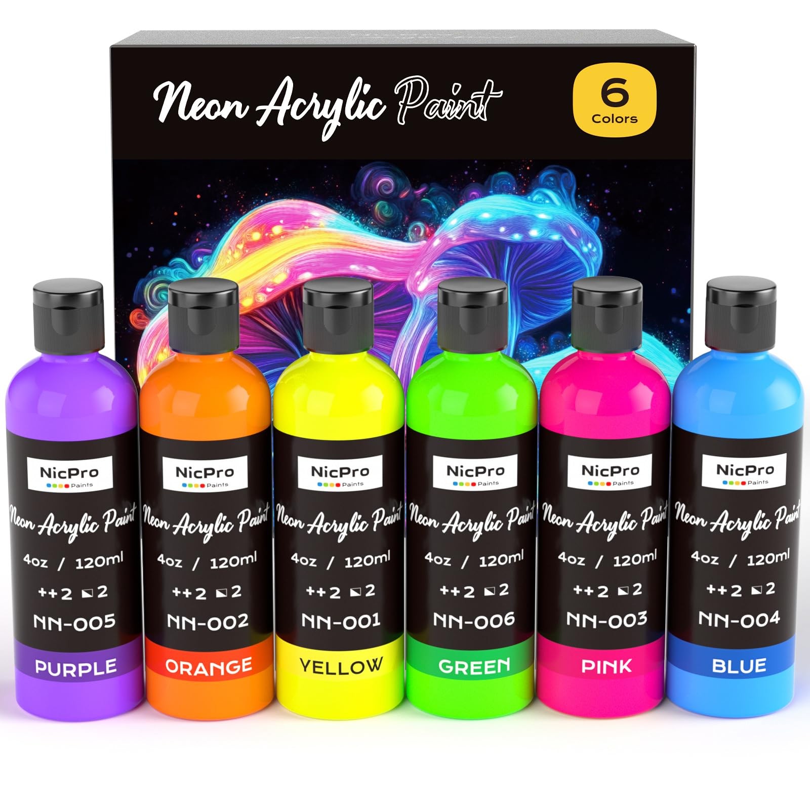 Nicpro 6 Colors Fluorescent Acrylic Paint Set 4 oz, 120ml - Glow in Black Light