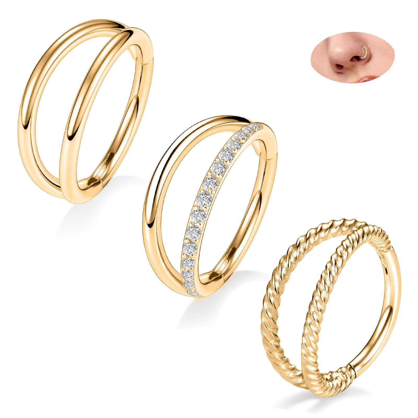 3pcs Nose Rings Hoops Double Nose Ring 316L Surgical Steel Cartilage Earrings...